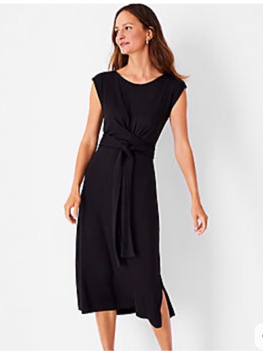 Ann Taylor Black Tie-Waist Cap Sleeve Midi Dress Medium